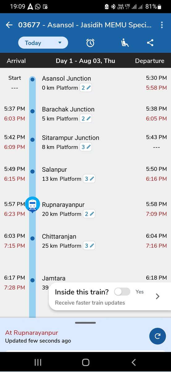 CDMERABHARAT's tweet photo. @RailwaySeva @RailMinIndia @AshwiniVaishnaw @EasternRailway @DRM_ASN 

Train no 03677 never runs on time and we the common people never reach our destination on time. Is this the way to treat common people ? Thanks https://t.co/9HyQhHrx5i