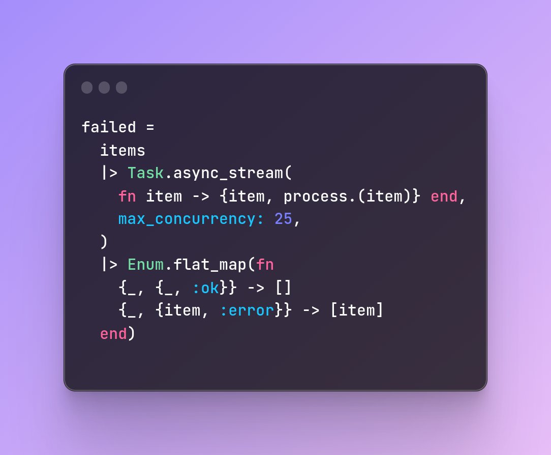 thdxr's tweet image. results:
- most answers lost errors
- clean answers needed one off libraries
- correct answers needed a decent amount of code
let's run it back - now do it in whatever language you want
here's elixir - no libs, even works for CPU bound tasks, doesn't handle timeouts but could