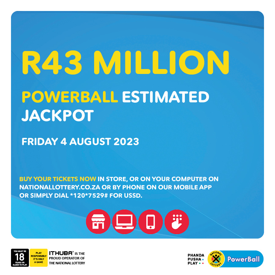 sa_lottery26's tweet photo. Stand a chance to WIN when you play #PowerBall for an estimated R43 MILLION jackpot this Friday! Buy your tickets NOW in-store, on https://t.co/cpnkKF8mCm, the Mobile App, cellphone banking or simply dial *120*7529# for USSD. https://t.co/tP4R0v7GrC