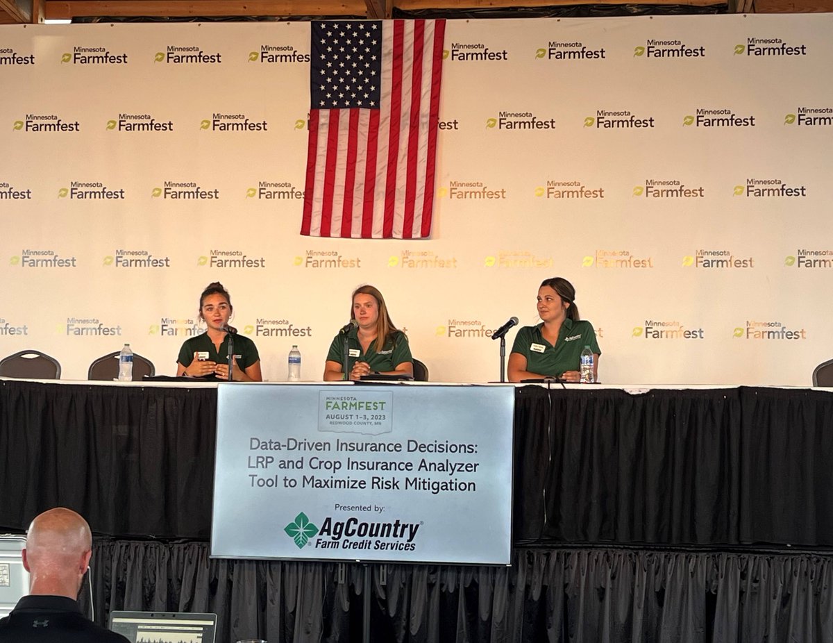 AgCountry's tweet photo. Our educational session yesterday at Minnesota Farmfest was given by VP Loan Officer Sarah Schaffer, VP Insurance Beth Erickson, &amp; Insurance Specialist Shelby Hartwig. They discussed Livestock Revenue Protection (LRP) and our new Crop Insurance Analyzer Tool! https://t.co/rgnuKwl83e