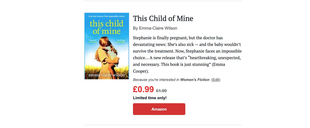 ECWilsonWriter's tweet photo. I have been using @BookBub for years - so to get an email this afternoon with my OWN book featured is a proper #Eeeeeek! moment for me
Are you signed up to #BookBub?
#ThisChildofMine -99p - limited time only https://t.co/8EF6wKwdnI
#AuthorGoals #WritingCommunity #BookTwitter https://t.co/2MVG4QwVm6