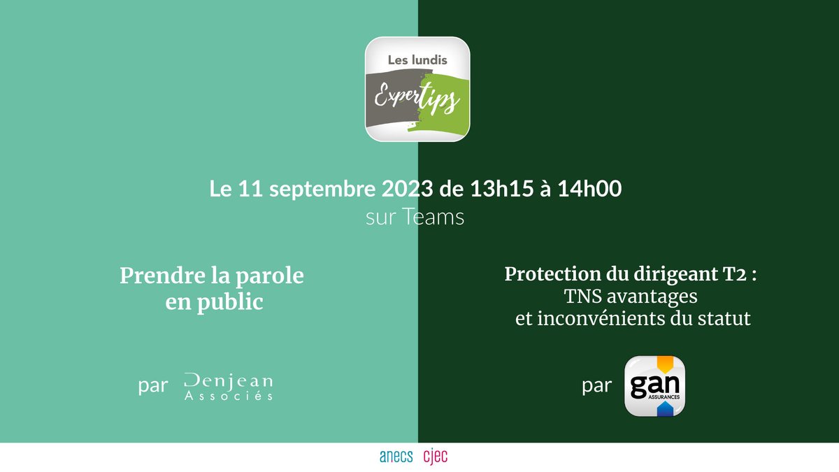Vacances j'oublie tout...sauf #Expertips! 😉
Retour le 11 septembre à 13h15
partenariat <a href="/Gan_Assurances/">Gan Assurances</a> <a href="/DenjeanAssocies/">Thierry Denjean</a> <a href="/ANECSnational/">ANECS</a> <a href="/CJECnational/">CJEC</a> 
inscription : docs.google.com/forms/d/e/1FAI…
Bel été! 🌞
<a href="/ADscaramuzza/">Adrien Scaramuzza</a> <a href="/adrien_decoster/">Adrien Decoster - DIGITABILIS</a> <a href="/AlexandreM012/">Alexandre Meschberger</a> <a href="/YannickLeNoan/">Yannick Le Noan 🇲🇿</a> <a href="/elizpons/">Elise Pons</a>