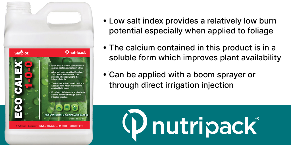 Soluble calcium in a liquid formulation. Eco Calex® 1-0-0 is simple and easy to incorporate into your spray program. Just tip and pour. 👍

Learn about our other NutriPack® products here: ow.ly/3jjP50Pl57J