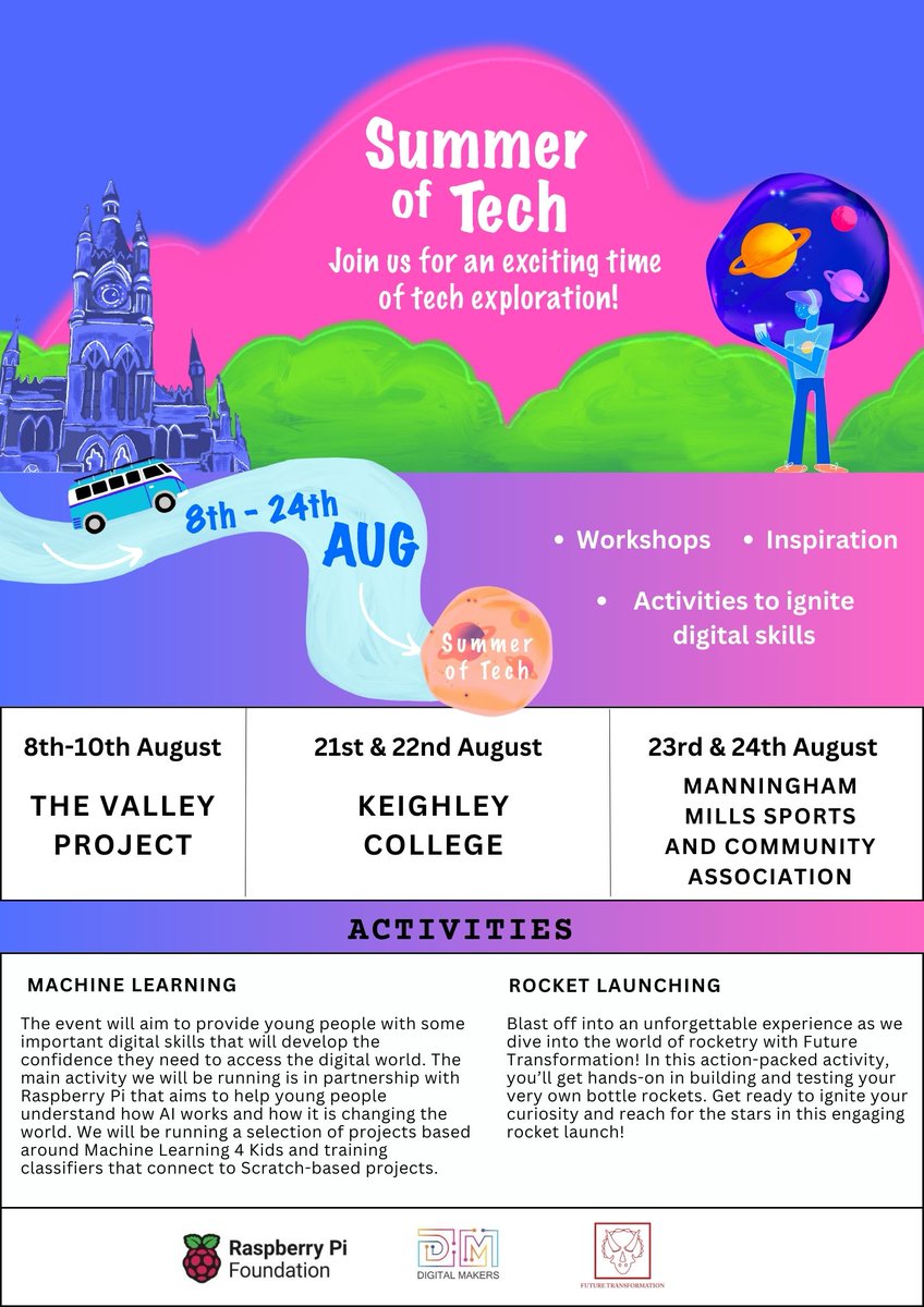 Future_T_org's tweet photo. ๐Calling all parents, and educators! Our register for #SummerofTech at @KeighleyCollege on #August 21st and 22nd is now open for kids years 6 and 7 across #Bradford.
๐ซSpread the word! sign up or request for more information here ps20hc@leeds.ac.uk
*Meals included/ Price: Free https://t.co/uDTGenozGQ