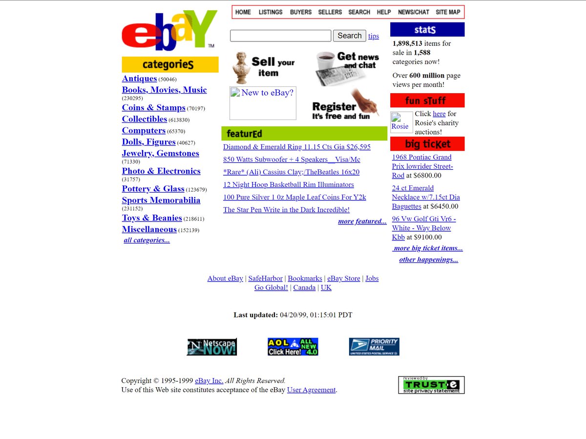 WebArchivum's tweet image. The homepage of #eBay in april 1999.

#Webdesign #RetroWeb #nostalgic