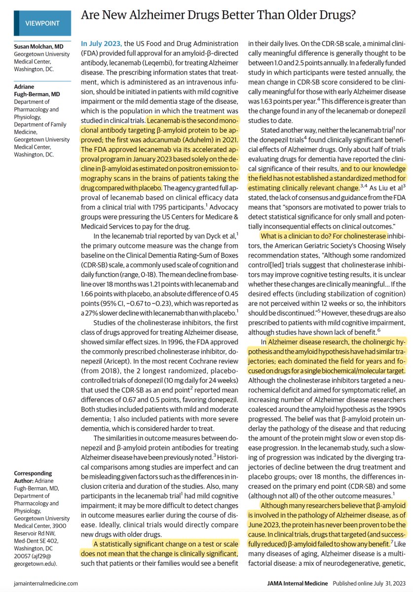 EricTopol's tweet photo. Significant concerns about the new Alzheimer's drugs 
Unpredictable, serious side effects {ARIA] @ScienceMagazine 
https://t.co/84DJGZn9la
Image benefit ≠ Clinical benefit 
https://t.co/9KOXUPu56J @JAMAInternalMed @SusanMolchan https://t.co/CFJTG2DXC0
