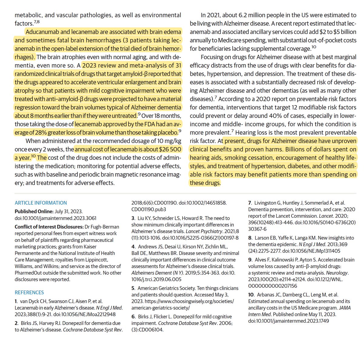 EricTopol's tweet photo. Significant concerns about the new Alzheimer's drugs 
Unpredictable, serious side effects {ARIA] @ScienceMagazine 
https://t.co/84DJGZn9la
Image benefit ≠ Clinical benefit 
https://t.co/9KOXUPu56J @JAMAInternalMed @SusanMolchan https://t.co/CFJTG2DXC0