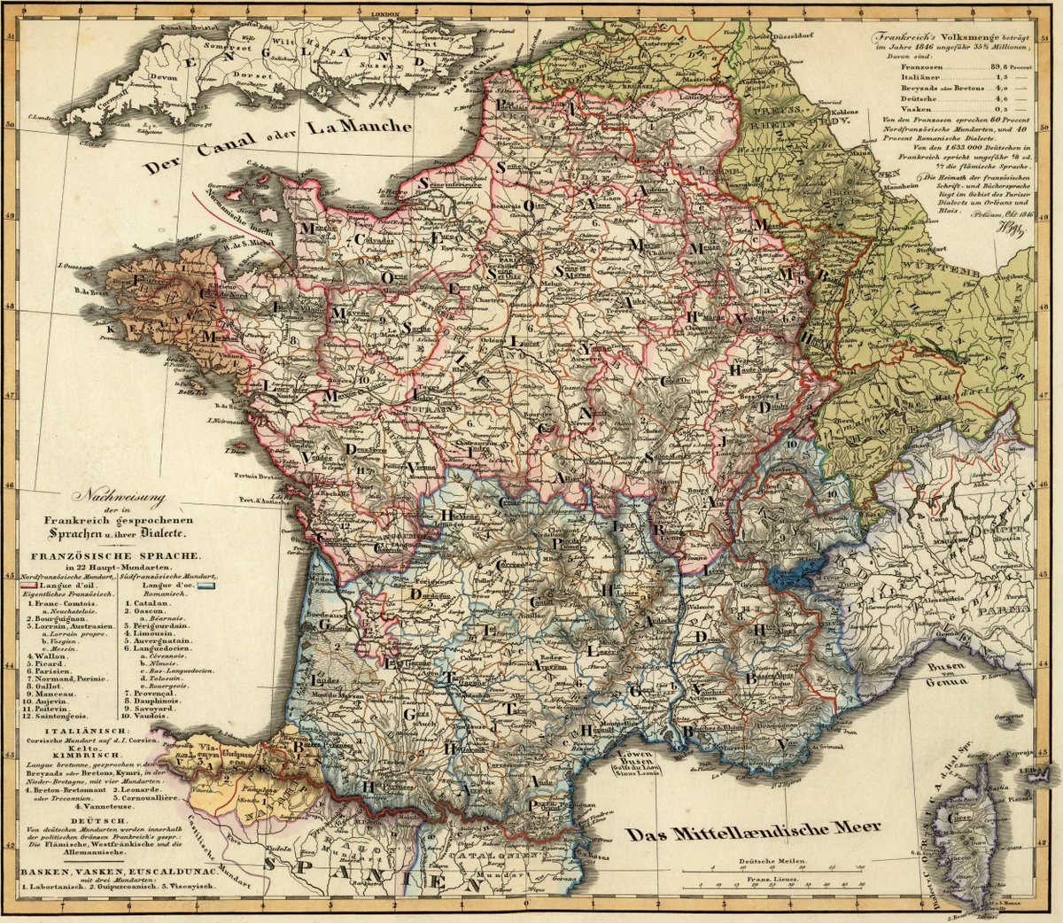EdmapsCom's tweet photo. History, language & #maps: 'Sprachkarte von Frankreich' (H. Berghaus, Gotha, J. Perthes, 1847) #ethnographic #linguistic #map #carte #ethnographique #linguistique #France #Belgium #Belgique #Switzerland #Suisse https://t.co/zEFS5bZKOW