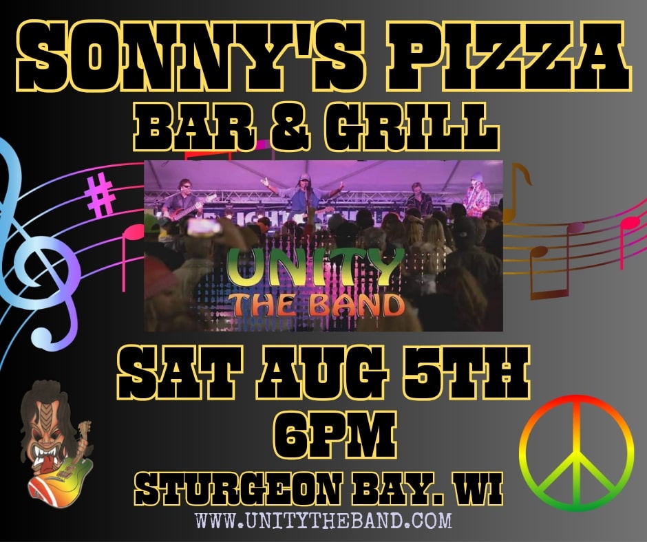 unitytheband's tweet photo. REGGAE PARTY" This Sat Evening Aug 5th, Unity The Band will be performing at Sonny's Pizzeria - 129 N Madison Ave, Sturgeon Bay, Wisconsin Music@6pm. Come join us for some great times #Unitytheband #onelove #unitythebandlive #livemusic #rock #funk #reggae #unitythebandbass #sonny https://t.co/AW35uK8lu4
