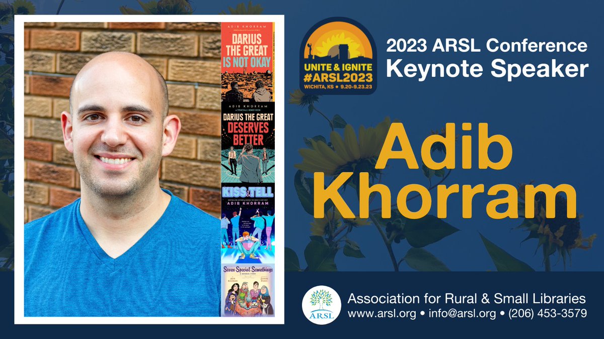 We're thrilled to announce our #ARSL2023 keynote lineup, starting with Adib Khorram! Adib is the author of DARIUS THE GREAT IS NOT OKAY, DARIUS THE GREAT DESERVES BETTER, KISS & TELL, and SEVEN SPECIAL SOMETHINGS: A NOWRUZ STORY. Check back tomorrow for another keynote reveal!