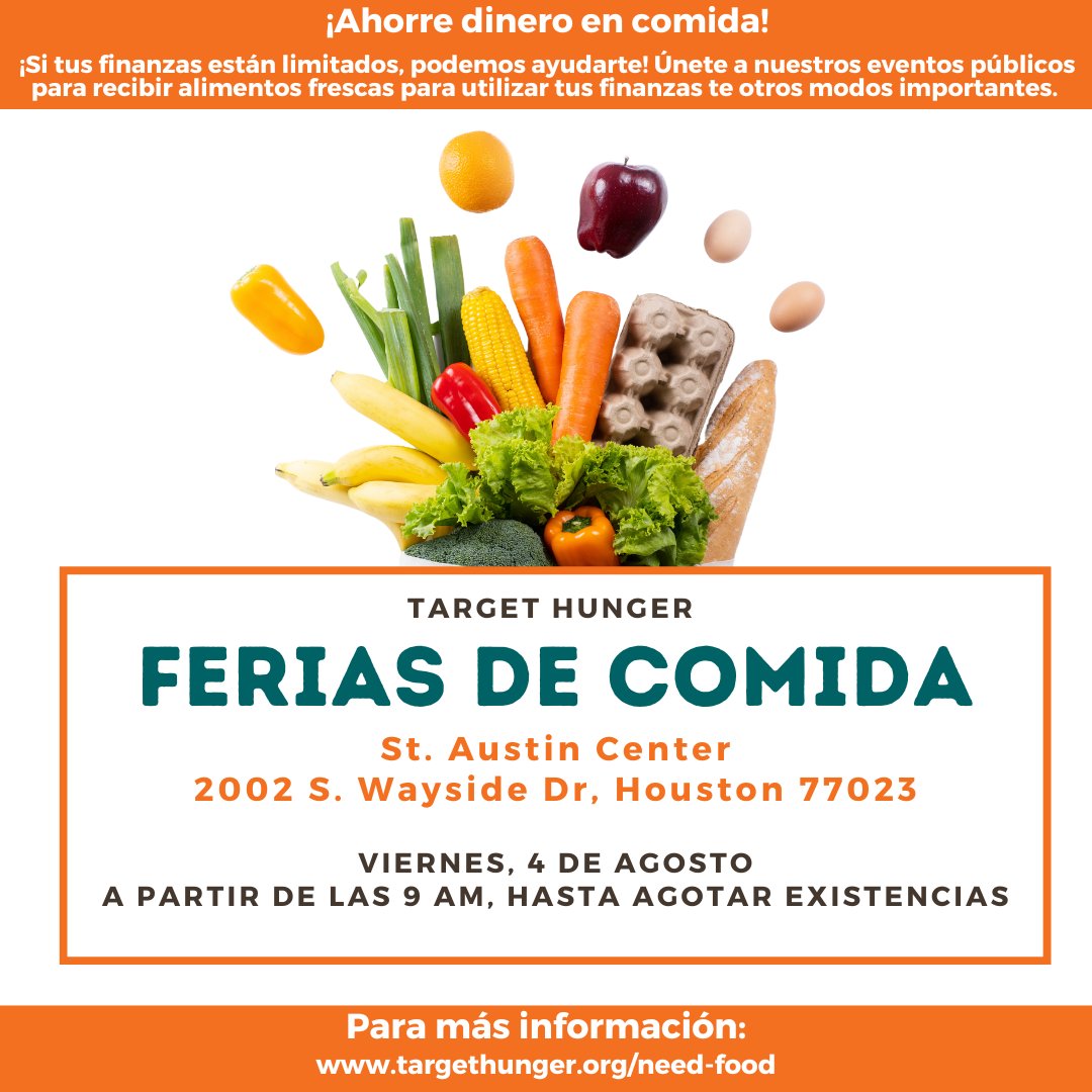 TargetHunger's tweet photo. If you need food - there will be a Food Fair tomorrow!
🍊
Food Fairs are open to anyone, you do not have to be a client to attend.
🥕
Please note that all events are subject to cancellation based on weather.
#freefood #foodpantry #houstonfoodpantry #houstonfood #needfood https://t.co/ZhC4mhhct0