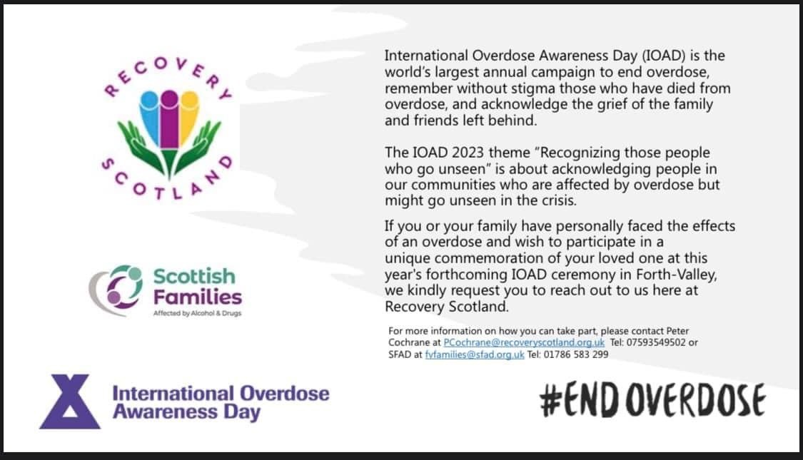 #InternationalOverdoseAwarenessDay takes place on 31 August. This year,  we’re working together with #RecoveryScotland to bring #FamiliesAndFriends together to commemorate #LovedOnes we’ve lost.
To join us or for more info, please email: fvfamilies@sfad.org.uk