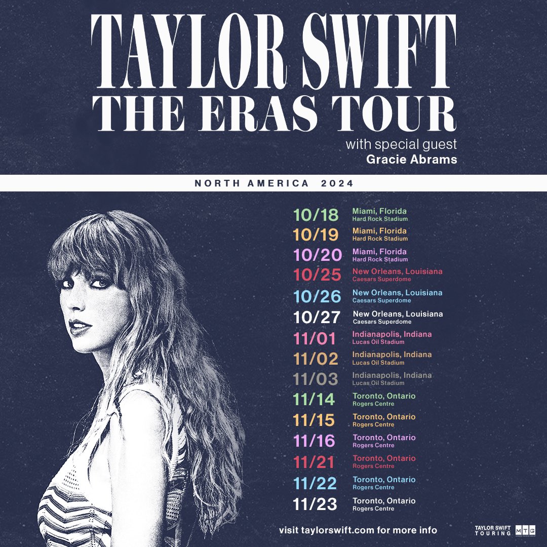 Turns out it’s NOT the end of an era 😝 Miami, New Orleans, Indy and Toronto: The Eras Tour is coming to you in 2024 with @gracieabrams! Verified fan registration for all shows is open now - visit TaylorSwift.com for more information