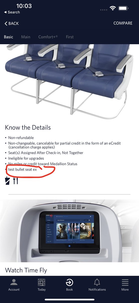brockneedcoffee's tweet photo. @Delta your mobile app has test content when comparing experiences. That or basic class gets a test bullet 😂. https://t.co/v6Dy6GMqS5