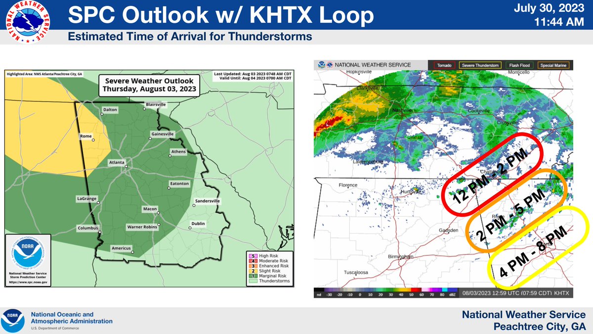 Now that we have a solid line of storms across Tennessee to focus on, we've updated some of our "Time of Arrival" estimates for the onset of potential thunderstorms. #gawx
