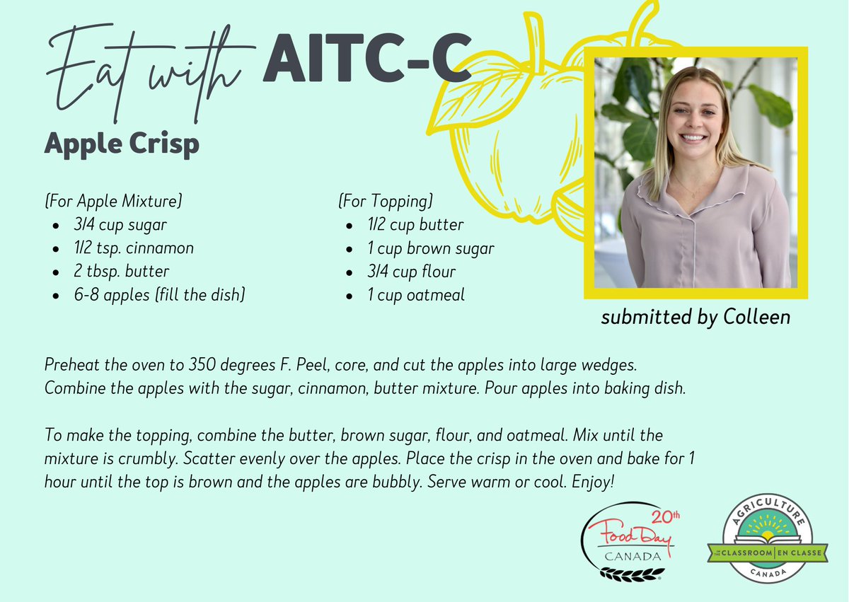 AITCCanada's tweet photo. To celebrate #FoodDayCanada, we're sharing some of our favourite recipes this week! Join us in making some delicious food with local ingredients!
Today's recipe comes from Colleen Crunican! You'll want to try this one when apple season starts!
#EatLocal #CanadianApples https://t.co/66TxCHYwiW