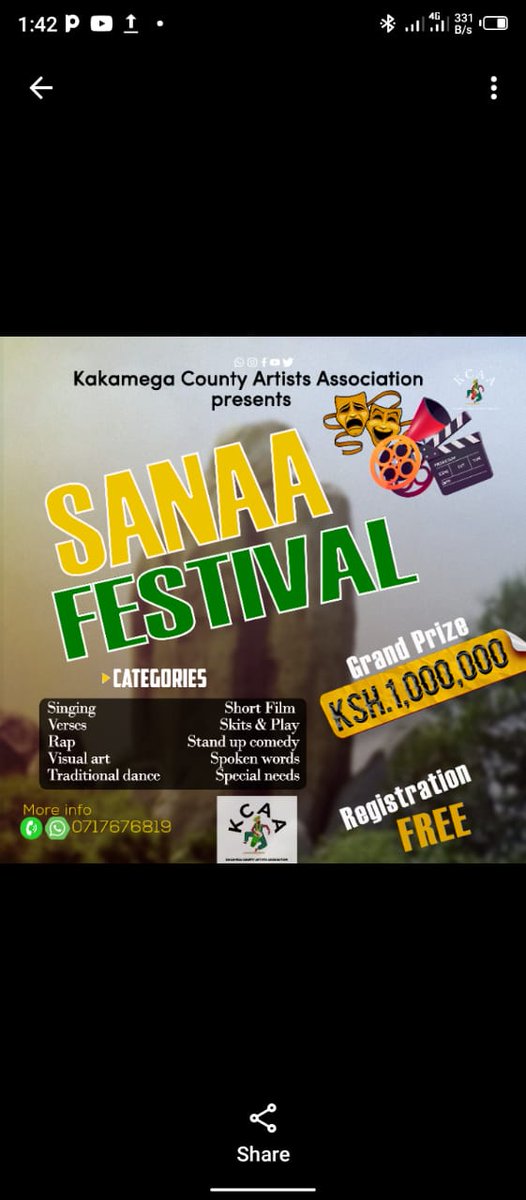 MjengoC's tweet photo. KAKAMEGA COUNTY ARTISTS ASSOCIATION presents SANAA FESTIVAL....THE WINNER TAKES HOME 1,000,000 KSHS😊 https://t.co/4N1rZmHUJY
