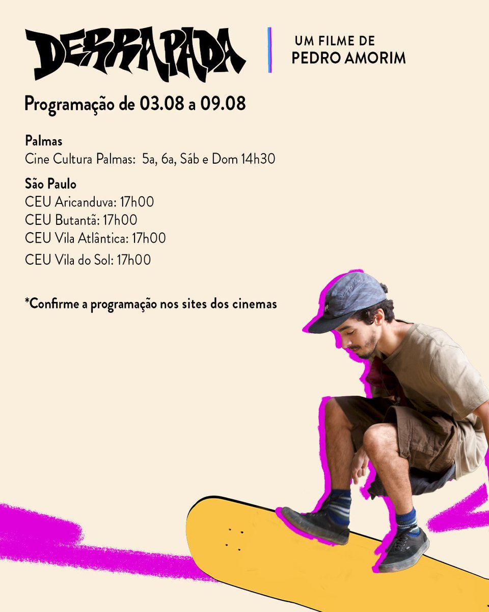ManequimFilmes's tweet photo. Confira onde assistir #Derrapada nesta semana nos cinemas! 🛹❤️
🎥Com Matheus Costa, Heslaine Vieira, Nanda Costa e grande elenco, "Derrapada" narra a história do skatista Samuca, um jovem de 17 anos que descobre que sua namorada, Alicia, está grávida. https://t.co/0Vf4pjIAjK