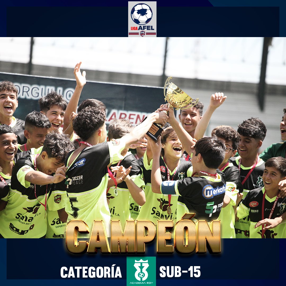 #LigaAFEL 🇱🇦 | 🏆 ¡𝘾𝘼𝙈𝙋𝙀𝙊𝙉𝙀𝙎, 
<a href="/AcademiaRey/">Academia Rey</a>! 🏆

El equipo de la Rey logró quedarse con el primer lugar del torneo Sub-15 de la Liga AFEL! 🔵🔴

Nuestra premiación de los campeones en la categoría Sub-15 llegó gracias a nuestros aliados de <a href="/MPcauchos/">MP CAUCHOS, C.A.</a> 🏁🥇

#SomosAFEL