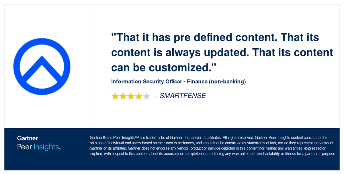 🇬🇧 Information  Security  Officer in the Finance (non-banking) Industry gives SMARTFENSE 4/5 Rating in Gartner Peer Insights™ Security Awareness Computer-Based Training Market. Read the full review here: hubs.li/Q01Yyxp00 #gartnerpeerinsights