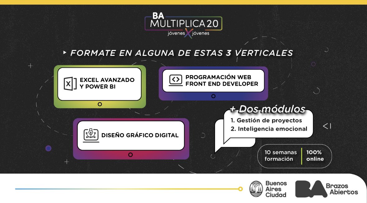 💥Vuelve #BAMULTIPLICA2.0💥

Capacitate en:
📊Excel avanzado y power BI inicial
🖼️Diseño gráfico digital
🧑‍💻Programador web inicial - Front End developer
➕Módulo de gestión de proyectos e inteligencia emocional

🔎Para más info e inscripción ingresa en bit.ly/3OHd3pE
