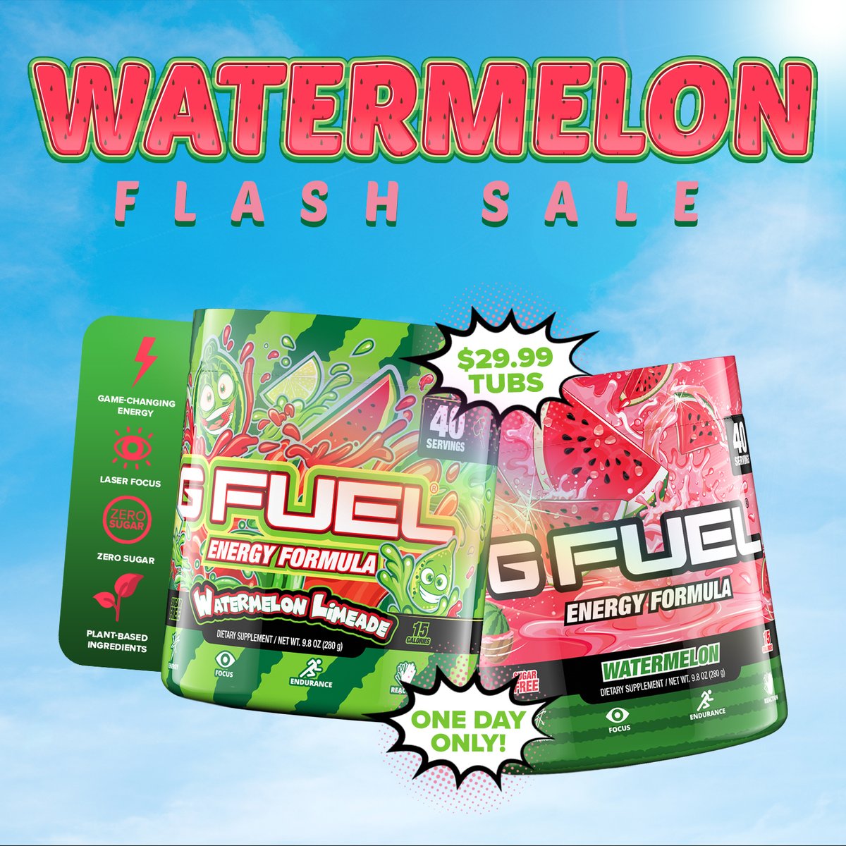 💚 𝗟𝗜𝗞𝗘 + 𝗥𝗧 + 𝗖𝗢𝗠𝗠𝗘𝗡𝗧 "🍉" TO WIN A #GFUEL "𝗪𝗔𝗧𝗘𝗥𝗠𝗘𝗟𝗢𝗡" TUB! 2 winners picked tomorrow in honor of our 24 HOUR ONLY #NationalWatermelonDay FLASH SALE!

💧 CODE "SUMMER20" = EXTRA 20% OFF!

🛒 𝗦𝗛𝗢𝗣: GFUEL.ly/watermelon-sal…