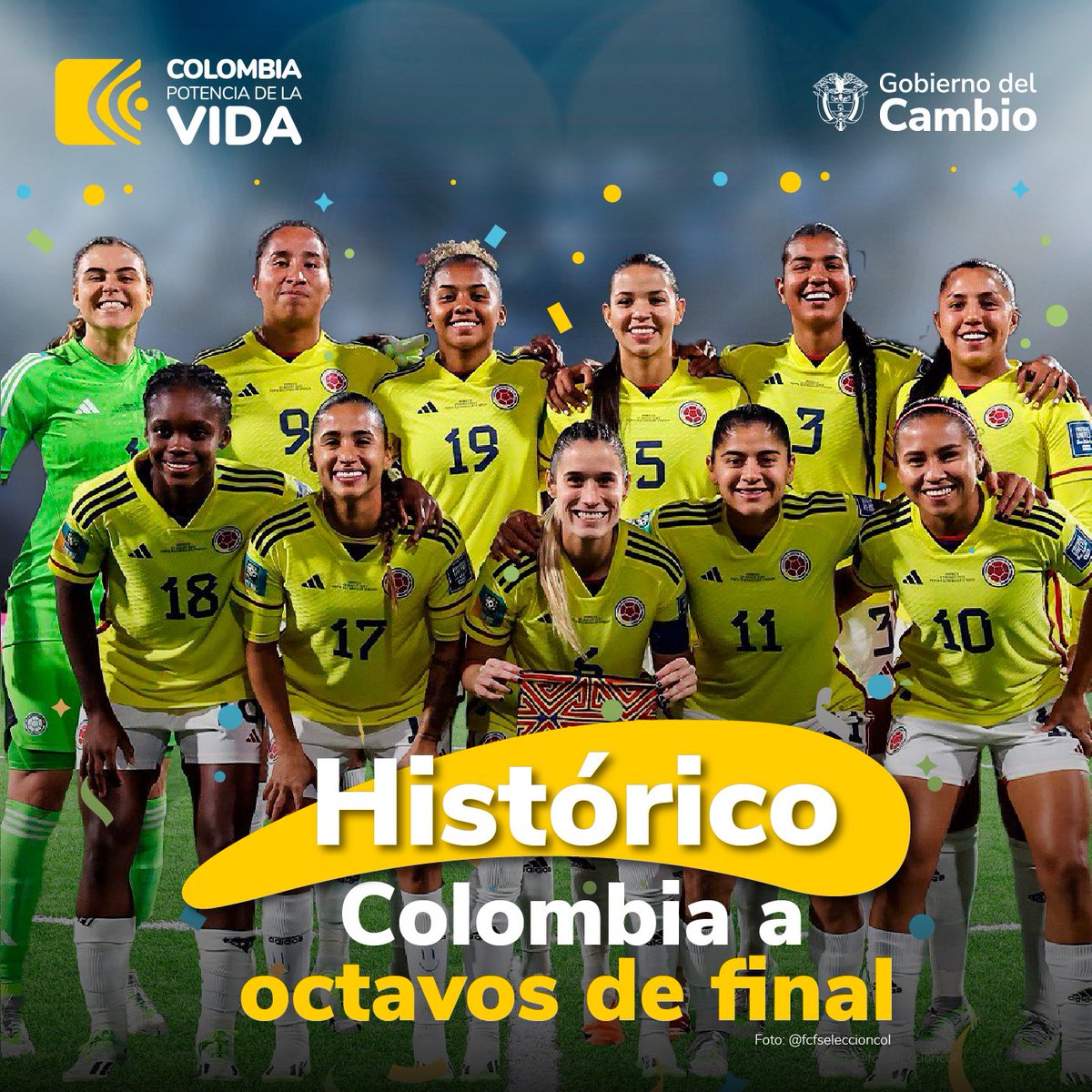 infopresidencia's tweet photo. En Colombia estamos felices porque la @FCFSeleccionCol 𝐅𝐞𝐦𝐞𝐧𝐢𝐧𝐚⚽ ya hace parte de las 16 mejores del mundo. Como en todas las posibilidades que da el fútbol, pese a una derrota, se avanzó a la segunda ronda del @FIFAWWC en Perth (Australia), con seis puntos y líder del Grupo H. 

¡Vamos con toda, sus corazones tienen toda la energía de millones de colombianas y colombianos apoyándolas!