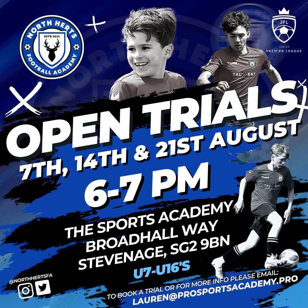 NorthHertsFA's tweet photo. ⚽ North Herts Football Academy Open Trials ⚽

🗓 Starting Monday 7th August - 6-7PM 🗓

We have 3 Open Trial dates available
7th/14th/21st August - 6-7PM -

📍 The Sports Academy, Broadhall Way, Stevenage, SG2 9BN

To book a trial please email lauren@prosportsacademy.pro https://t.co/wMg1eOI8Tk