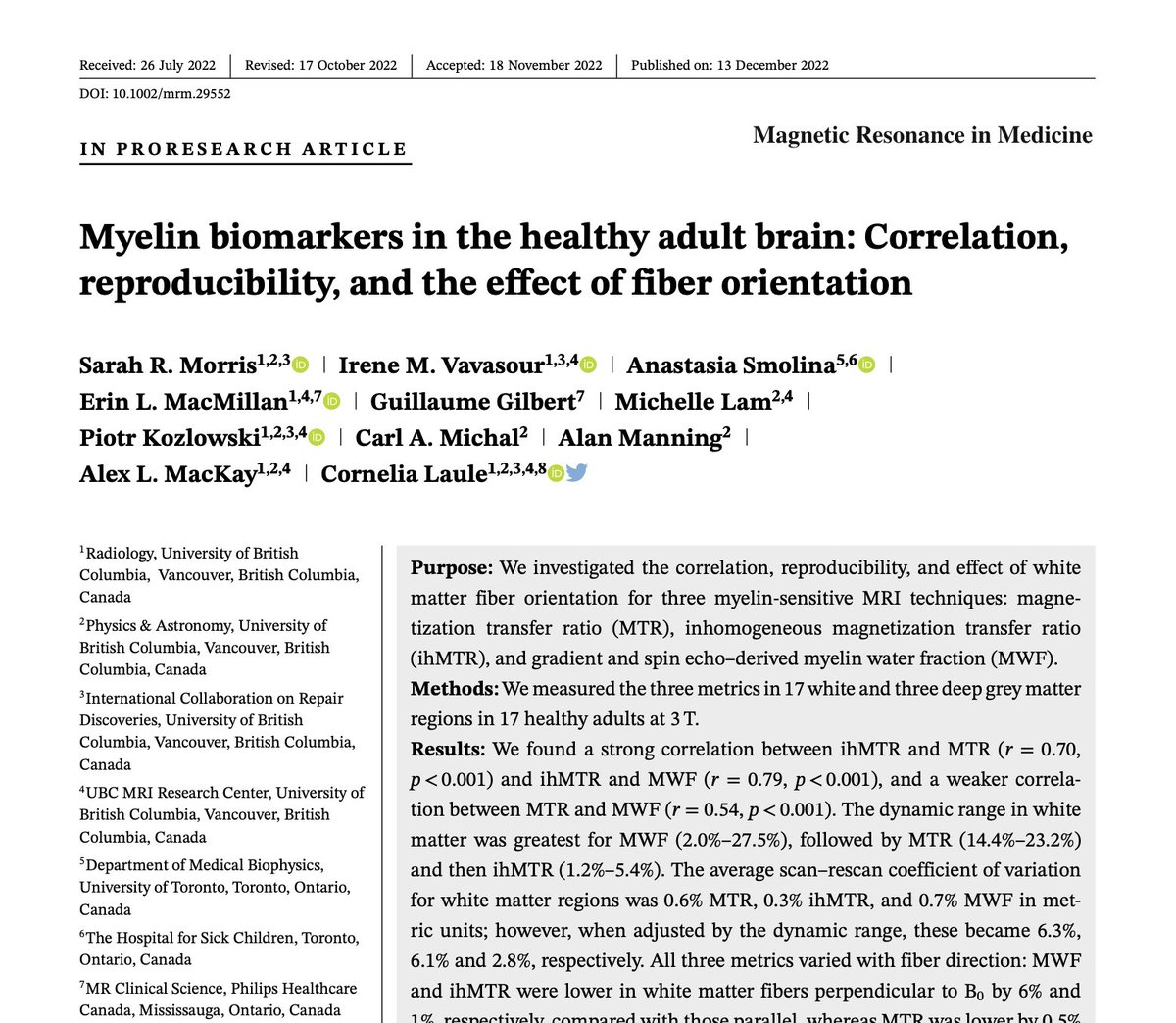 May MRM Editor's Pick #4: "Myelin biomarkers in the healthy adult brain: Correlation, reproducibility, and the effect of fiber orientation", by Sarah R. Morris (<a href="/sarahrosemorris/">Sarah Morris</a>) et al. from <a href="/UBC/">University of British Columbia</a>. onlinelibrary.wiley.com/doi/10.1002/mr…