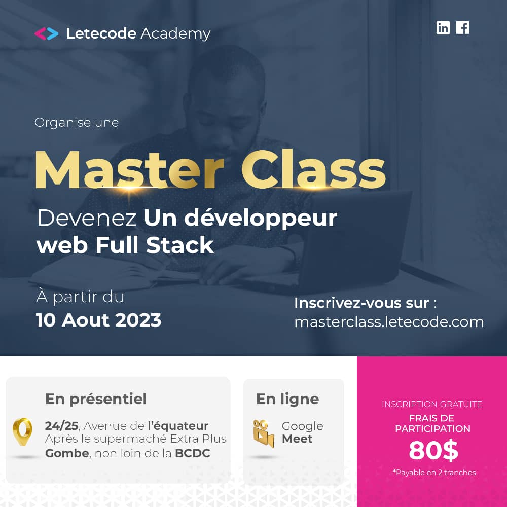 beni_kipaka's tweet image. Hello la famille X
Voici une formation (master Class) en développement web Full Stack à Kinshasa en présentiel et en ligne.
Une formation à n'est pas manquer.
Avec le coach @johnmbiya les bons résultats seront au rendez-vous.
Apprendre sans aucune limite Letecode.