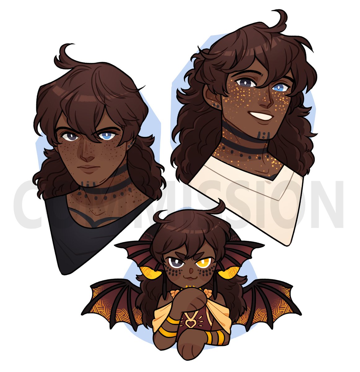 heterochromia dark skin brown hair wings freckles multiple views smile  illustration images