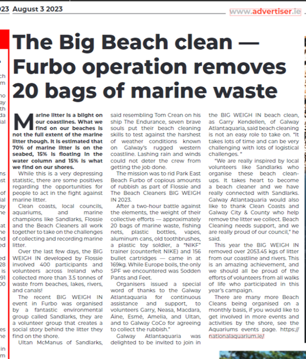 Special thanks to @declanvarley at Galway Advertiser for sharing the @CleanCoasts & @flossiebeachcl1 #BIGWEIGHIN story. We must say a big thanks to @GalwayCoCo for removing 169 kg of litter collected on the day. Kindest regards must go to @sandlarks who organised the event.