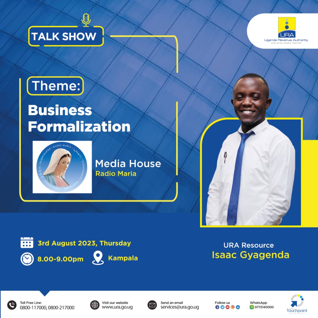 URAuganda's tweet photo. #URAOnRadio tonight!

Make a date with our Tax Education guru @IsaacGyagenda as he talks business formalization on The Christian voice in your home- 103.7FM @radiomariaug.

🕒8:00pm - 9:00pm EAT.

#TaxMchuzi https://t.co/Rr6nNPIiLn
