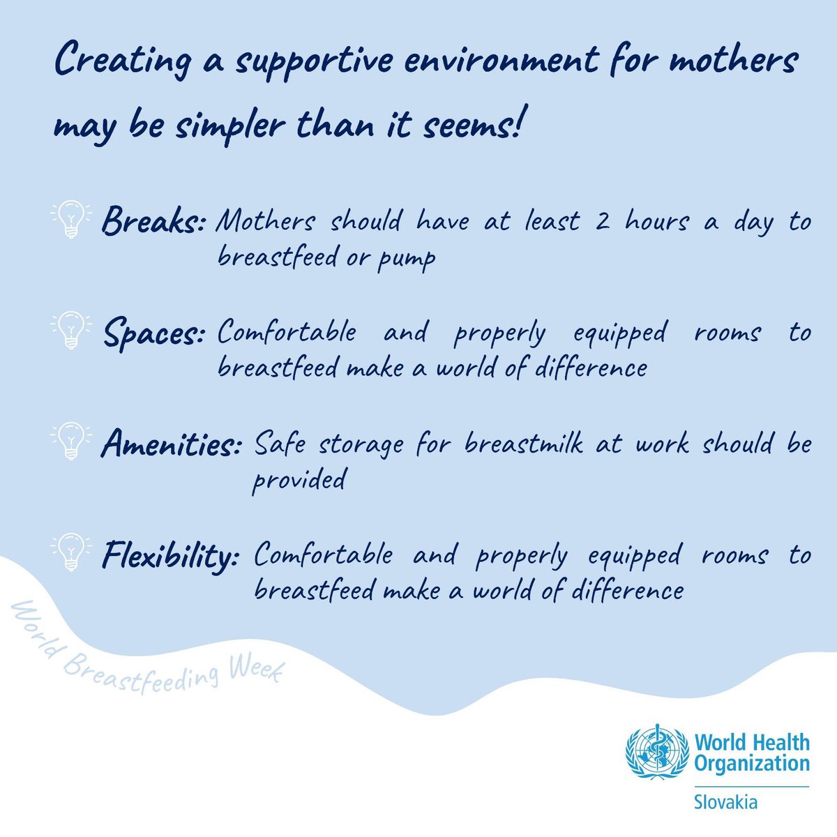 What makes a #BreastfeedingFriendly workplace❓Breaks to breastfeed or pump, comfortable spaces equipped for breastfeeding, safe storage for breastmilk, and flexible work-from-home options ✅
Lead @WHO recommendations and stay healthy!