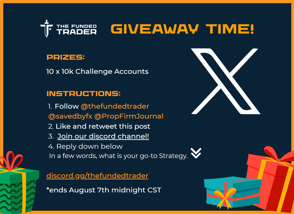 thefundedtrader's tweet photo. All Exclusive X Giveaway 

We are giving away 10 x $10k Accounts!

Follow the Instructions below ⤵️🥳

*Ends August 7th at Midnight

@thefundedtrader @savedbyfx @PropFirmJournal https://t.co/f01akSfLrB