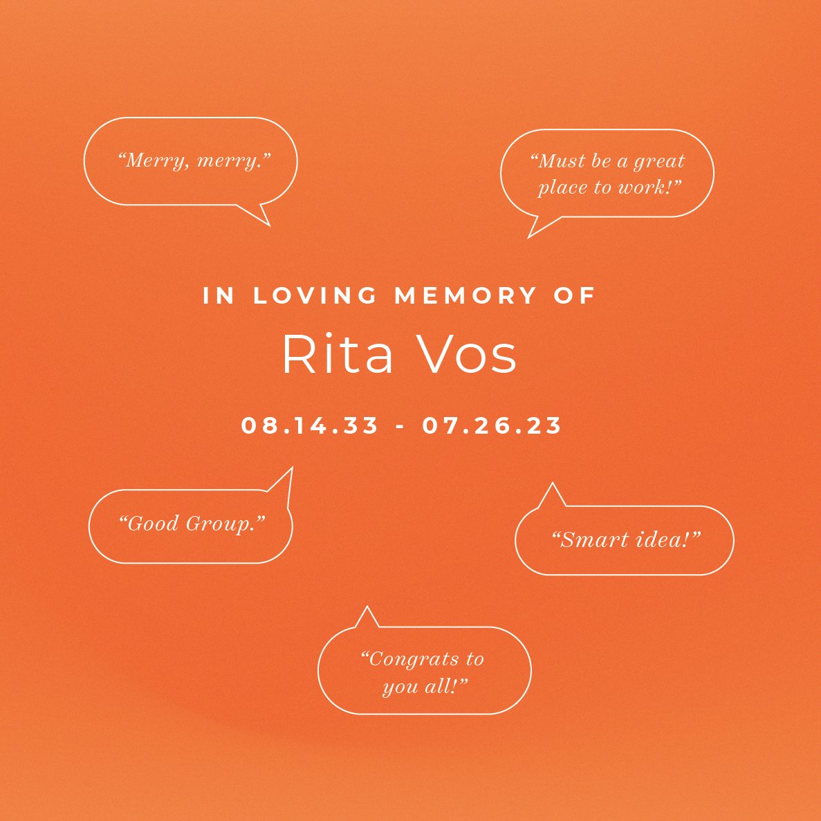 BoldOrangeCo's tweet photo. Today the world celebrates a great one. Rita was one of our first followers at BOCO and an unwavering supporter. Always optimistic, she’d brighten our day with her frequent engagement. Her generous spirit will live on at BOCO as we cherish the memories and celebrate her life. https://t.co/MiGC285Zwd