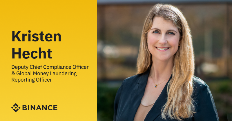 binance's tweet photo. We are excited to announce Kristen Hecht as our new Deputy Chief Compliance and Global Money Laundering Reporting Officer.

Learn more about her new role and focuses to enhance our industry-leading compliance program ⤵️