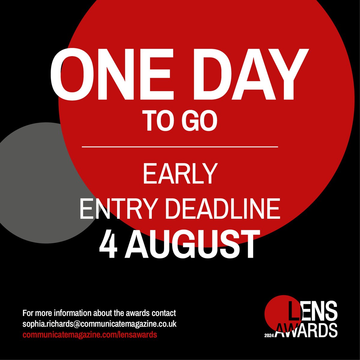 There is one day left to secure the early entry deadline discount for the Lens Awards 2024!

Register your intent to enter with Sophia by midnight on 4 August to secure the discount! 

#corporatevideo #lensawards #corpcomms