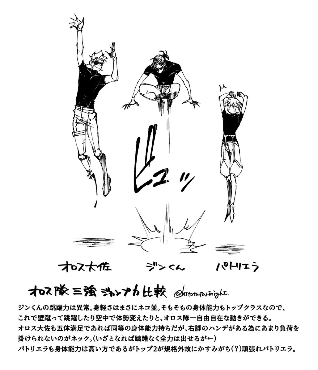「オロス隊トップ3のジャンプ力比較!」  息抜きウチの子プチ情報的な。余裕で人を飛び越えてくるジンくん恐ろしすぎる。  #紙面の軍人たち