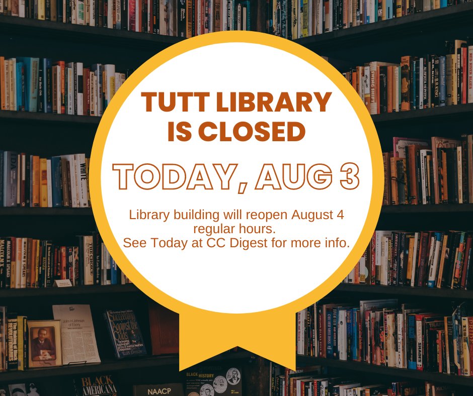 Tutt Library is closed today, Thursday, August 3rd for a library staff event. This includes the Research Desk and the Colket Center.

ITS: Solutions Center will be available, call them at 719.389.6449 to meet you at one of the entrances if you need computer repair.