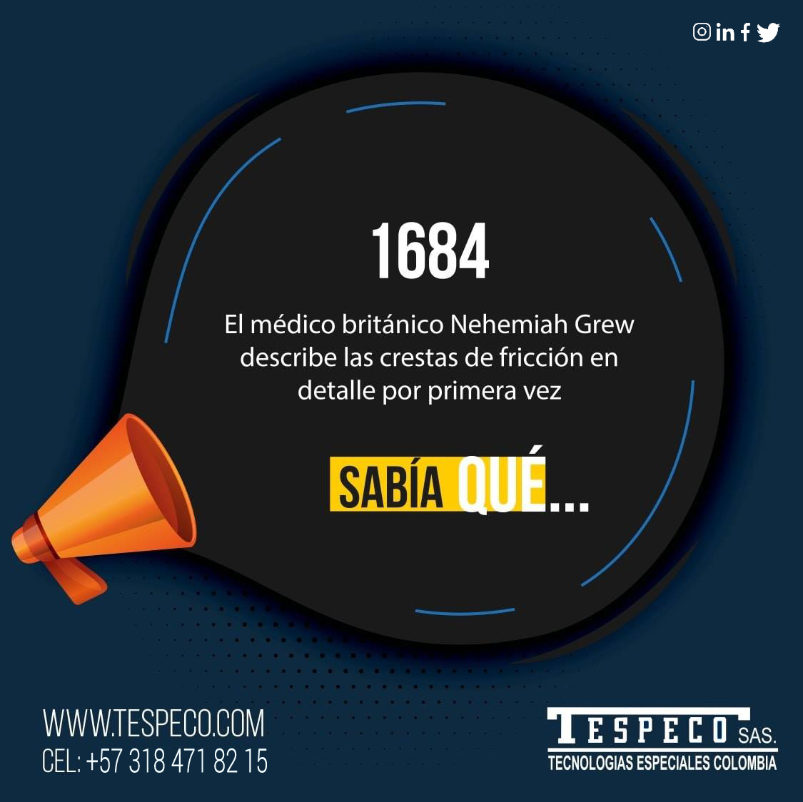 TESPECO's tweet photo. ☝️ Nehemiah Grew fué un médico y botánico especialista en fisiología y anatomía 📃

#TBT #datocurioso #biometría #seguridad #identidad #TESPECO #Colombia #Calidad #Fingerprint #Dactilar #FIFAWWC #ecommerce https://t.co/mxgECpETjv