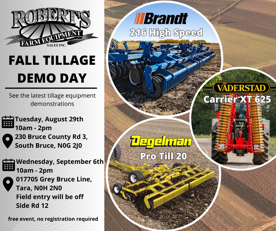 RobertsEquip_'s tweet image. ❌Mark your calendars! August 29th &amp;amp; September 6th📌 we are hosting our Fall Tillage Demo‼️ If you can't make it to the first day, come for the second. See the latest tillage equipment in action!🙂
#RFE #Tillage #Kubota #greatplains #degelman #Brandt #vaderstad