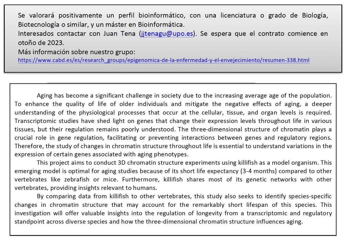 #Joboffer #CienciaJobs El laboratorio de <a href="/jjtenagu/">Juan Tena</a> del #CABD ofrece un contrato predoctoral #FPI para desarrollar el proyecto 'Estructura tridimensional de la cromatina durante el envejecimiento'.

cabd.es/es/research_gr…