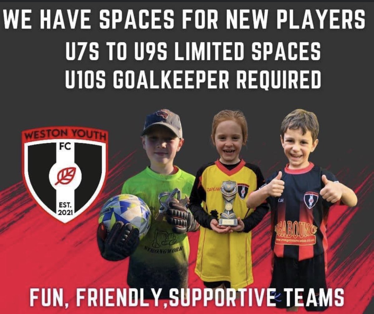 Under 9s open training session this Saturday 5th August 10-11am. If your son your daughter is interested in joining a fantastic new team please drop us a message or email info@weston-yfc.co.uk

#WeAreWeston 
#WeAreOne
🔴⚫️⚽️
