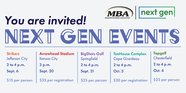 mobankers's tweet photo. Great opportunity for MBA Next Generation in Banking bankers to meet peers and learn about MBA! 
Sept. 6 | Jefferson City 
Sept. 20 | Kansas City 
Sept. 21 | Springfield
Oct. 3 | Cape Girardeau 
Oct. 4 | Chesterfield 
https://t.co/k1hoVf6EdK https://t.co/opRmCqHIks