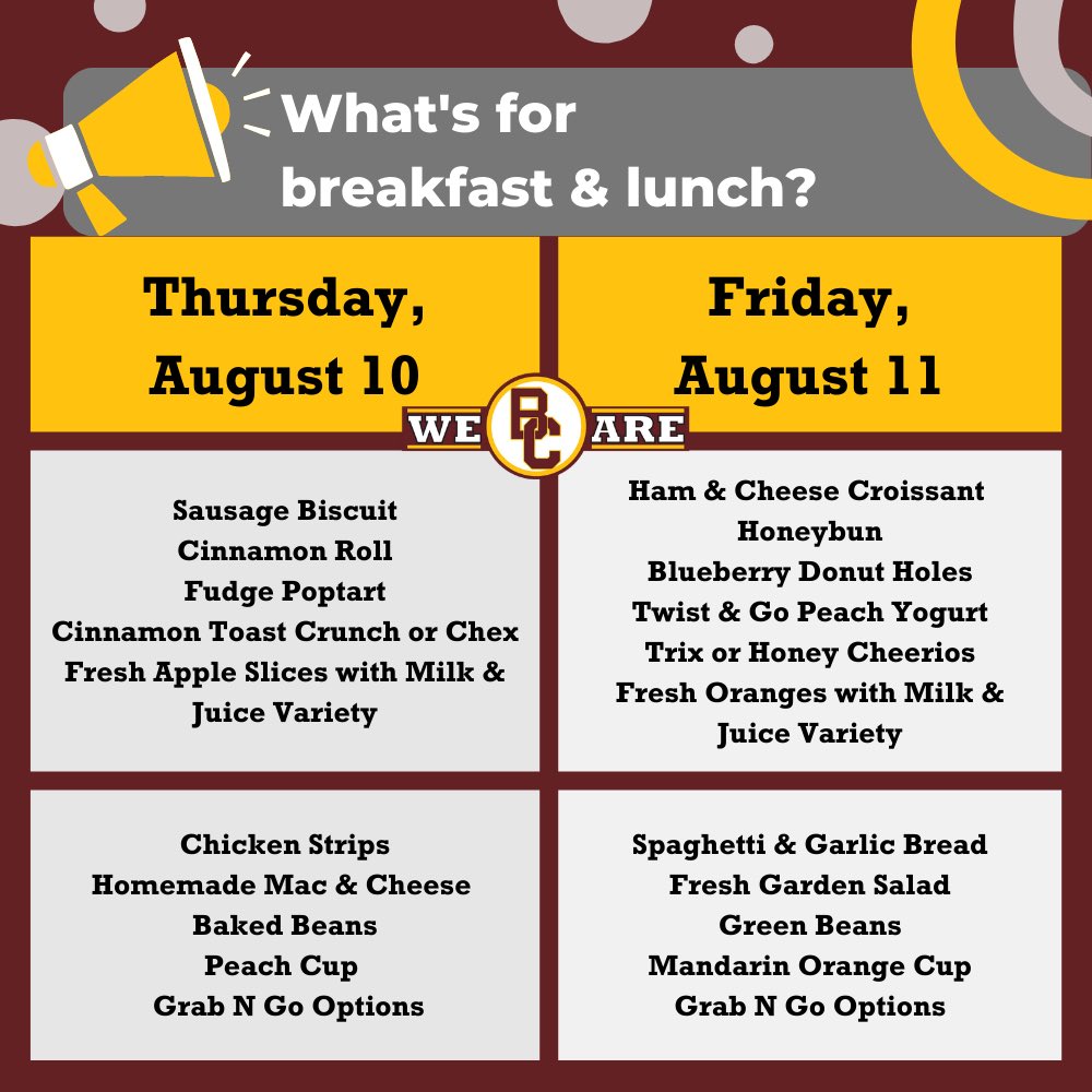 What’s for breakfast and lunch on the first two days of school?