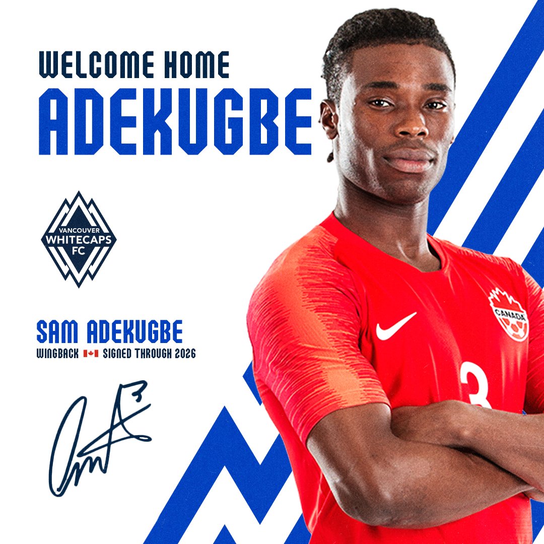 WhitecapsFC's tweet photo. 𝙃𝙀’𝙎 𝘽𝘼𝘾𝙆 😁🍁

‘Caps acquire Canadian international wingback &amp; @BMO Academy graduate Sam Adekugbe from Turkish @superlig side @Hatayspor_FK through 2026, with club option for 2027 ✍️🇨🇦

Welcome home, @SamAdekugbe 🌊

#VWFC