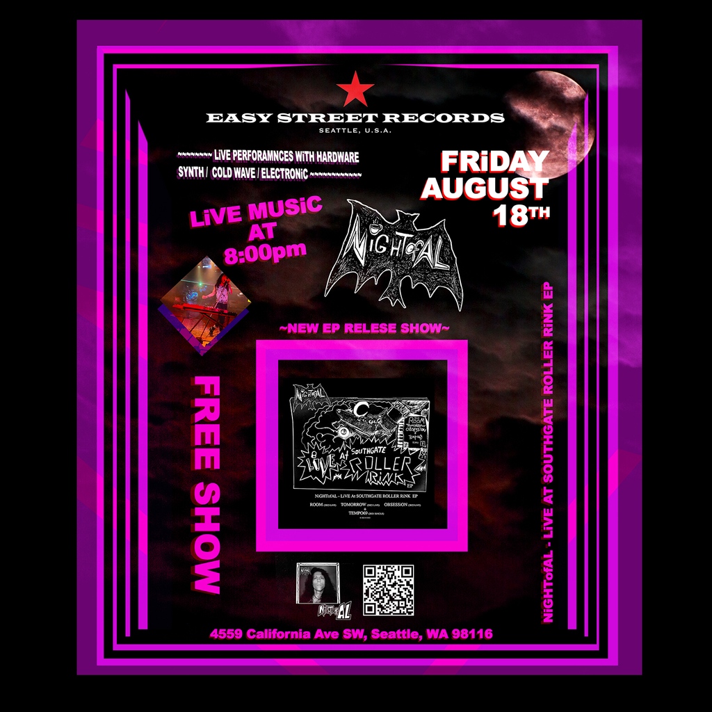Join us in welcoming NightofAL on August 18th for a FREE &amp; ALL AGES show at Easy Street Records, presenting their EP: Live at Southgate Roller Rink!!
<a href="/NiGHTofAL/">NiGHTofAL</a> is cold wave music independently created by its band leader AL with synthesizers drum machines.
DO NOT MISS OUT🌙☕️🦉🎃