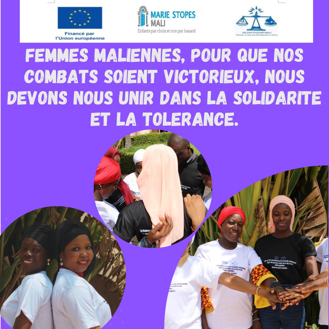 FEMMES MALIENNES, POUR QUE NOS COMBATS SOIENT VICTORIEUX, NOUS DEVONS NOUS UNIR DANS LA SOLIDARITE ET LA TOLERANCE.

#31JUILLET2023
#FemmesAfricainesUnies
<a href="/wildaf_mali/">WILDAF Mali</a> 
@Union_européenne_au_Mali
@marie_stoppes_international