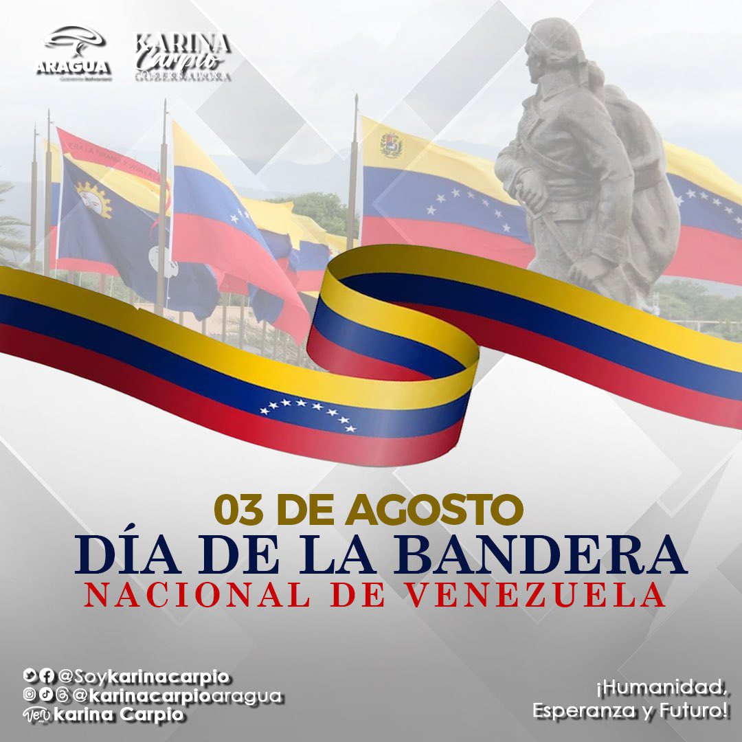 ¡Viva Venezuela! 03 de Agosto día de la Bandera Nacional, en reconocimiento al General Francisco de Miranda, a los precursores y forjadores de una Patria libre y soberana.

¡Feliz Día de la Bandera! ¡Dios te Bendiga! 🙏🏻🌸